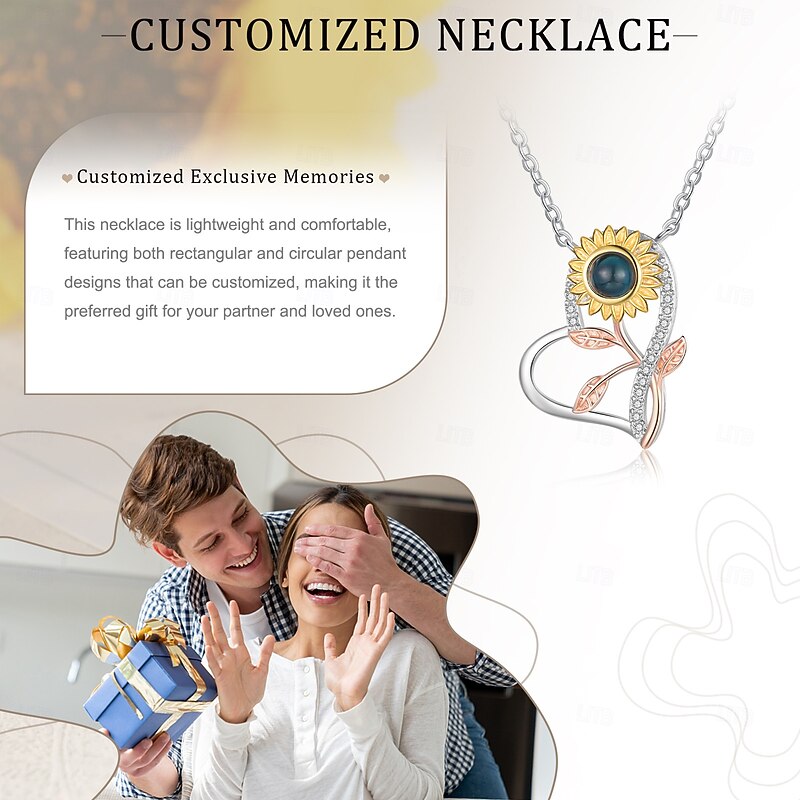 Personalized Projection Necklace Custom Best Gift for Mom - Sunflower-shaped Hollow Pendant, Couple Theme Wedding, Mother's Day Romantic Gifts for Girlfriend, Wife, Mom3