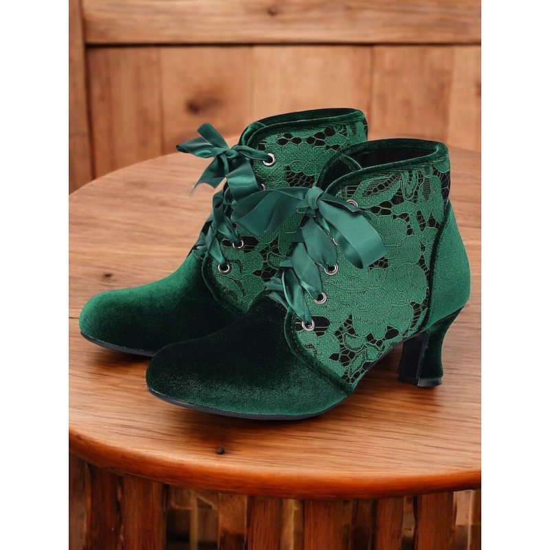 Women's Elegant Green Velvet Lace-Up Ankle Boots with Kitten Heel  Floral Lace Detail Comfortable  for Parties Victorian Cosplay and Special Occasions2