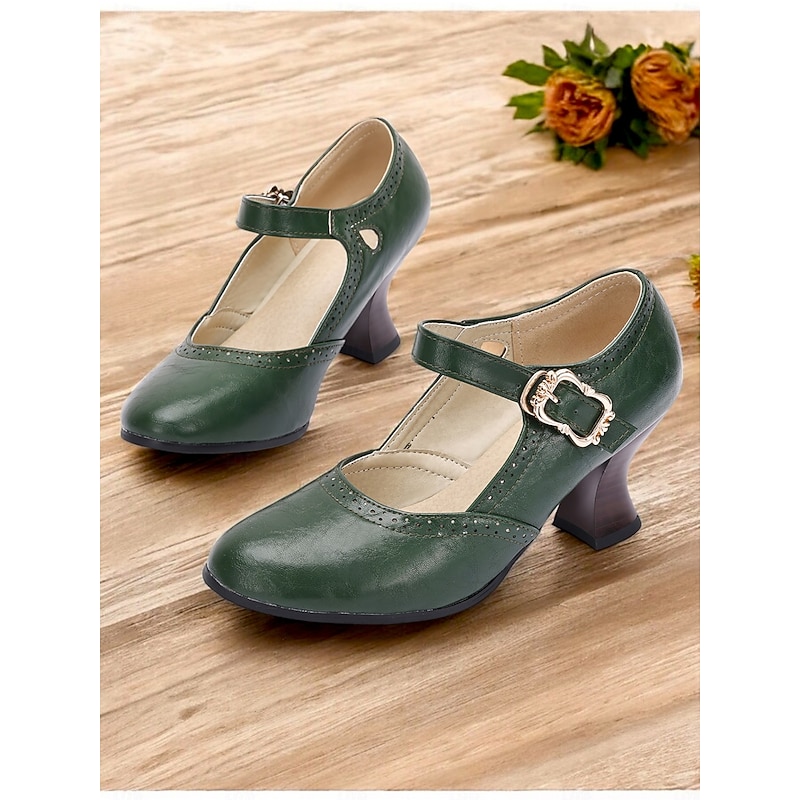 Women's Vintage Gatsby Green faux Leather Mary Jane Pumps for  Mid-Heel Dress Shoes with Brogue Detailing and Buckle Strap, Ideal for Office, Formal Events, and Retro Style Outfits3