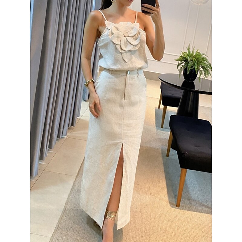 Women's Maxi Dress Linen-Inspired Dresses Casual Dress Slip Dress Stylish Basic Casual Vacation Daily Regular Fit Plain Sleeveless Strap Apricot Summer Spring