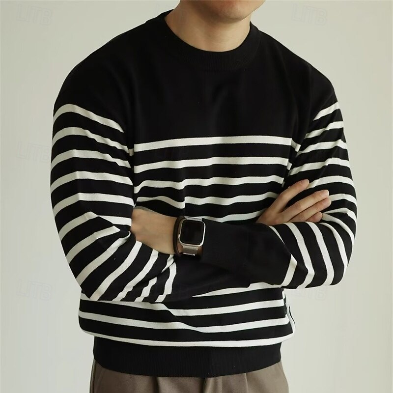 Men's Pullover Sweater Jumper Knit Sweater Ribbed Knit Regular Tops Knitted Stripe Crew Neck Fashion Basic Vacation Daily Wear Clothing Apparel Fall & Winter Black M L XL4