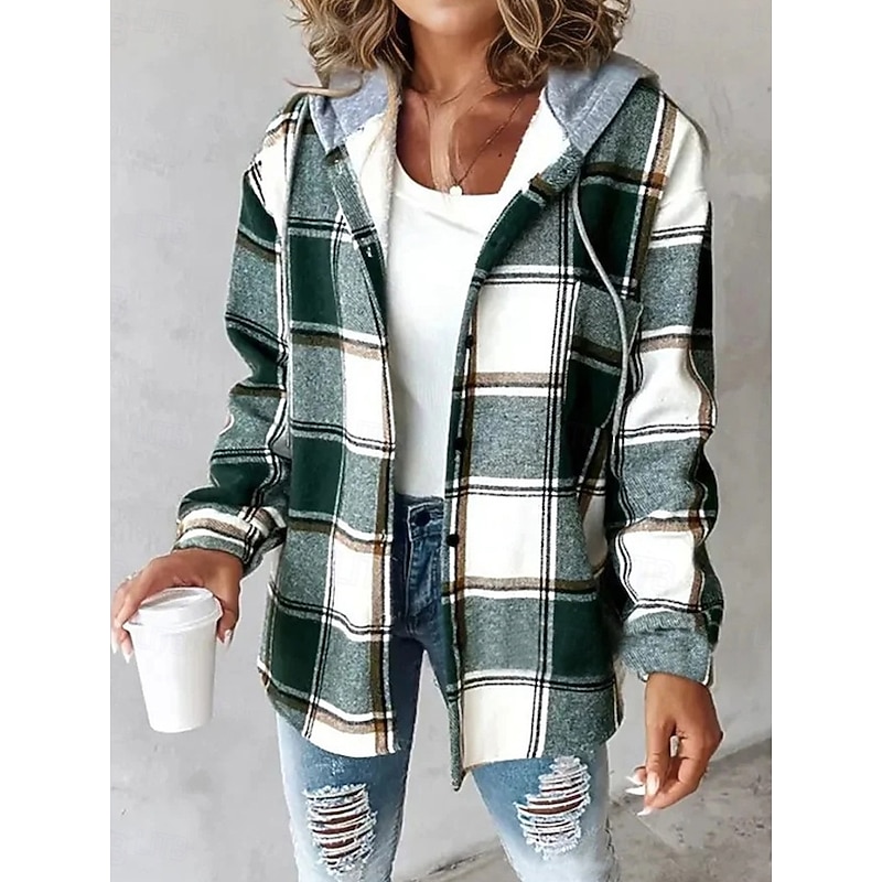 Women's Hoodie Sweatshirt Casual Graphic Plaid Street Dailywear Hoodie Patchwork Print Loose Fit Long Sleeve Brown Green Coffee Fall Winter2