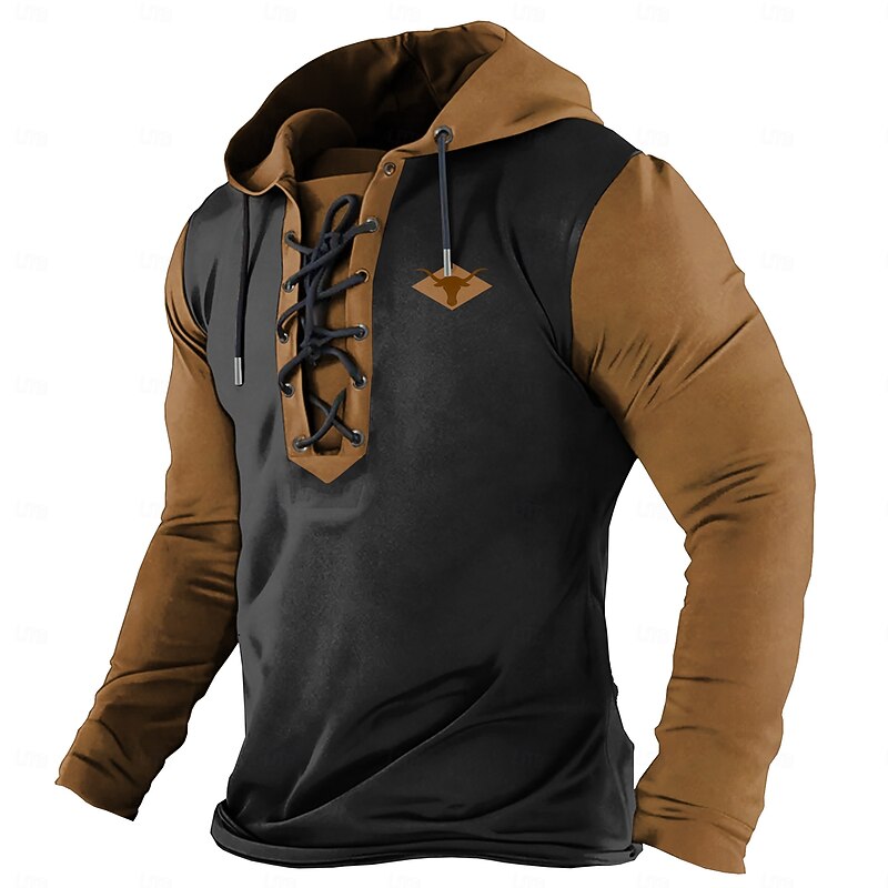 Men's Cowboy Hoodies Fashion Cool Long Sleeve Hooded Brown Green Drawstring Fall Winter Designer