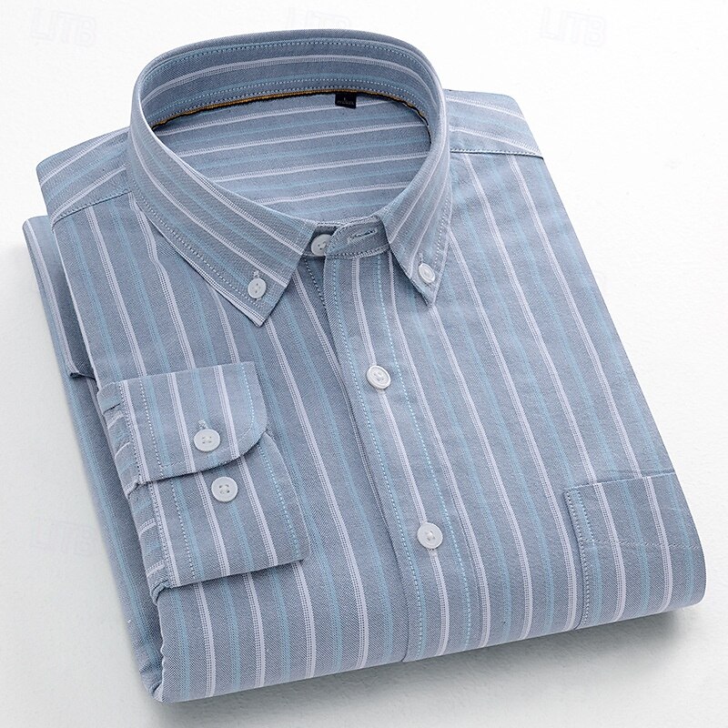 Men's 100% Cotton Oxford Shirt grey blue Light Green Pink Purple Long Sleeve Striped Button Down Collar School Wedding Buttons Clothing Apparel Neutral Fashion Daily