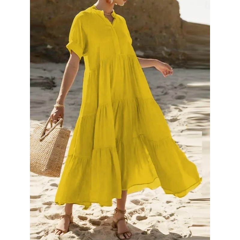 Women's White Dress Maxi Dress Ruffle Casual Stand Collar Long Sleeve Black White Yellow Color4
