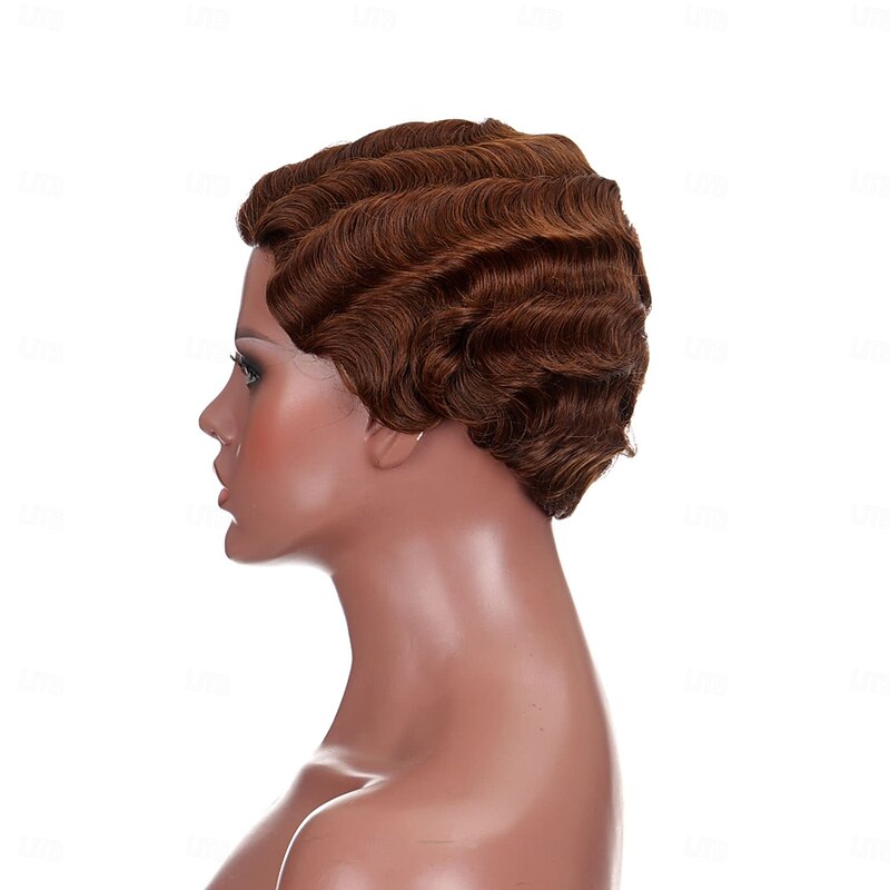 Remy Human Hair Wig Short Wavy Pixie Cut Layered Haircut Black Burgundy Multi-color Best Quality Capless Brazilian Hair Unisex Natural Black #1B Medium Auburn#30 Dark Wine 4 inch Daily Wear New Year2