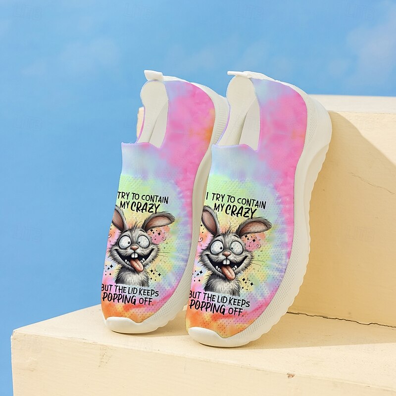 Women's Easter Bunny Tie-Dye Slip-On Sneakers - Lightweight Flyknit Athletic Shoes, Perfect for Casual Wear and Holiday Fun2