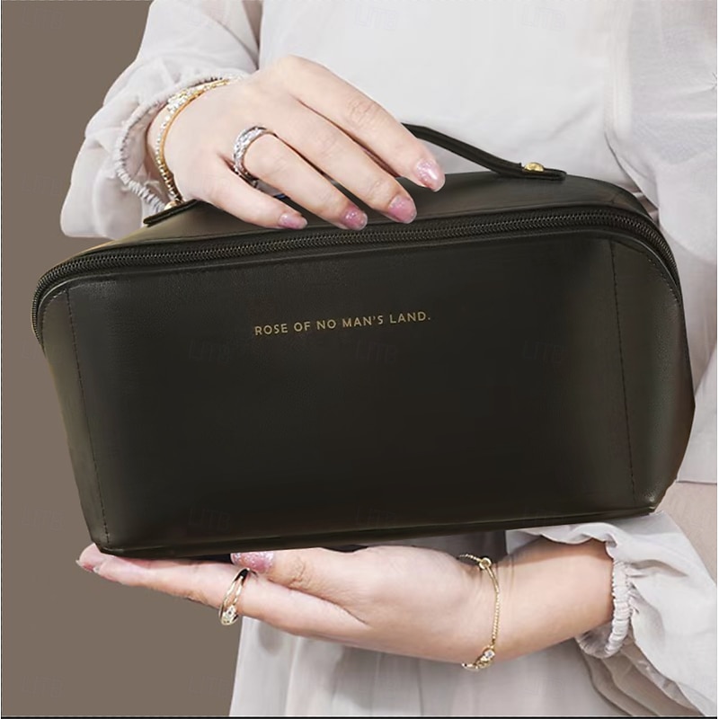 Large Capacity Travel Jewelry Cosmetic Bag, Fashionable PU Leather Makeup Organizer, Portable Toiletry Bag with Handle for Travel and Storage2