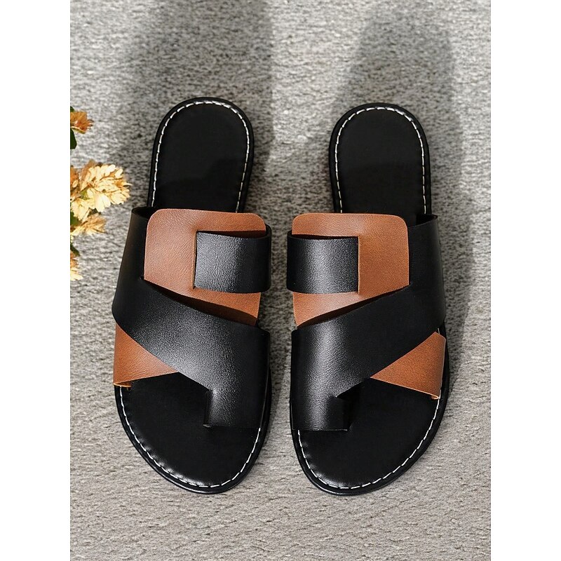 Women's Black and Brown Cross-Strap Flat Sandals - Stylish and Comfortable Summer Footwear for Beach and Casual Wear