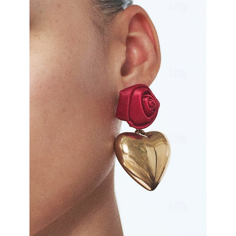 Women's Romantic Rose and Heart Drop Earrings, Red Satin Flower with Gold-Tone Heart Design, Statement Jewelry for Weddings, Valentine's Day Gift, and Special Occasions2