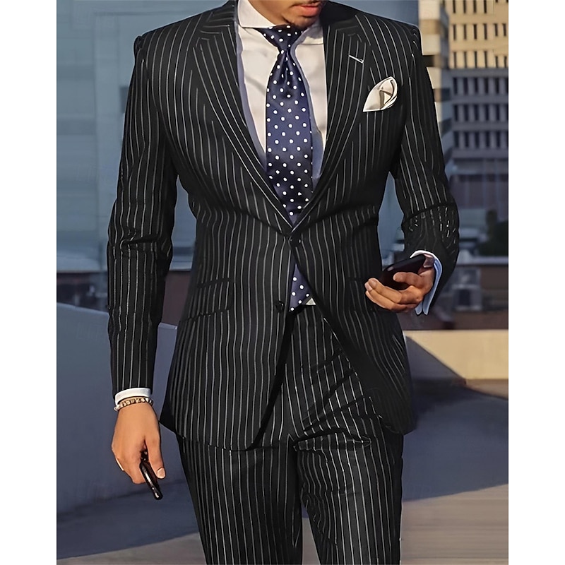 Men's Blazer Set Business Cocktail Party Wedding Party Fashion Casual Spring &  Fall Polyester Stripes Pocket 2 Piece Comfortable Single Breasted Blazer Black Navy Blue4