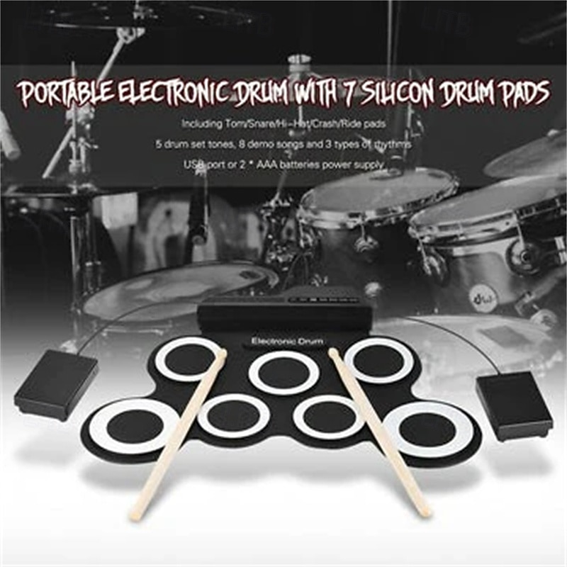 Portable Electronic Drum Kit Mini USB Interface Kids Silicon Foldable Electronic Roll up Digital Drum Pad Kit with Drum Stick Foot Switch Pedal