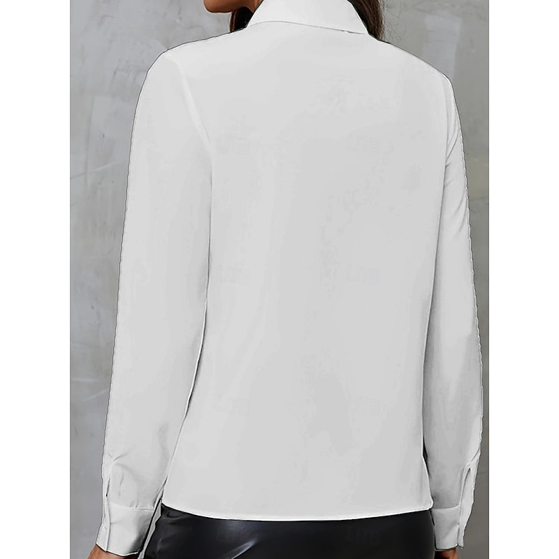 Women's Shirt Blouse Solid Color Business Modern Casual Long Sleeve Shirt Collar Regular Tops Work Formal Wear Ruffle Buttons Black White Summer Spring2