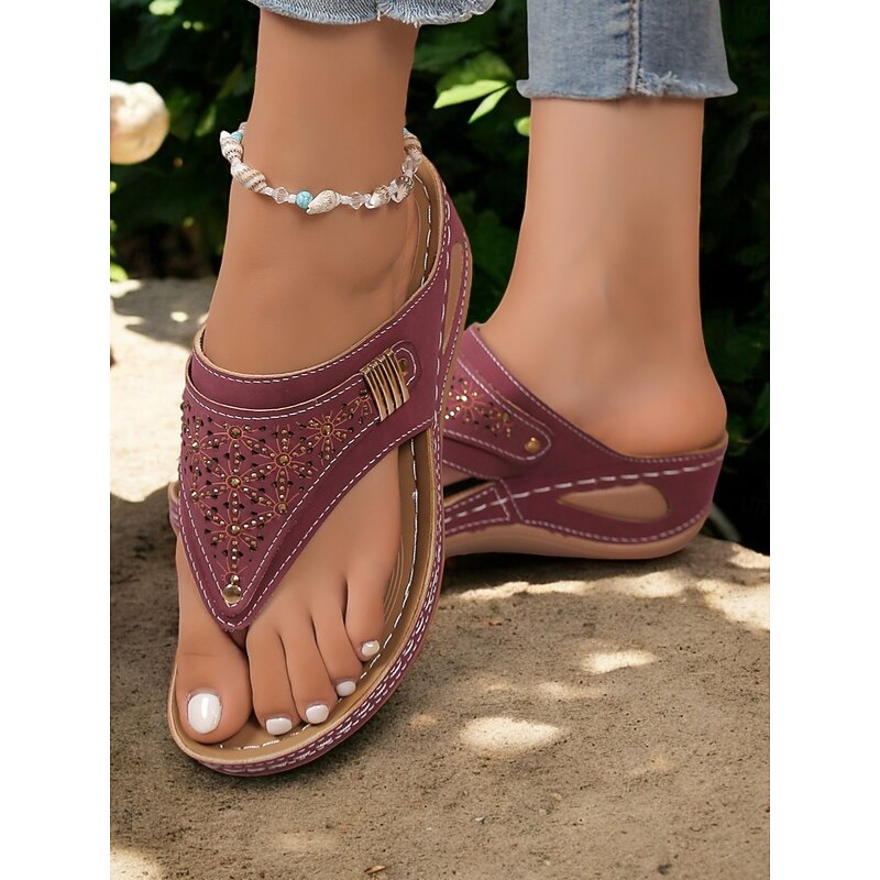 Women's Red Rhinestone Wedge Heel Flip-Flop Sandals, Open Toe, Comfortable Summer Footwear for Casual Outings & Vacations2