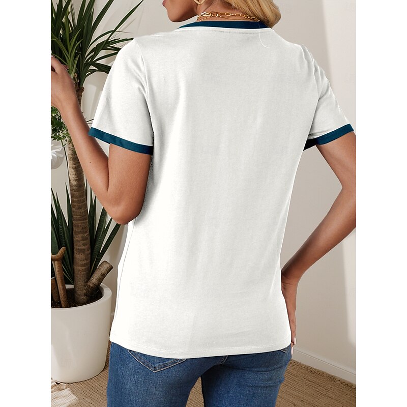 Women's T Shirt Letter Stylish Casual Short Sleeve V Neck Regular Tops Daily Print White Summer2