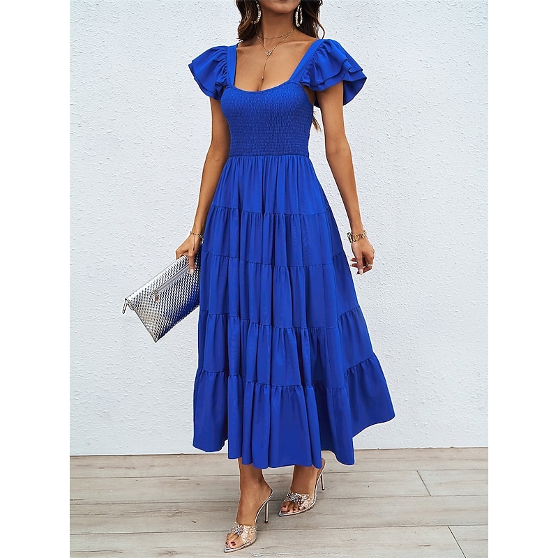 Women's Floral Square Neck Midi Dress Short Sleeve Summer Spring3