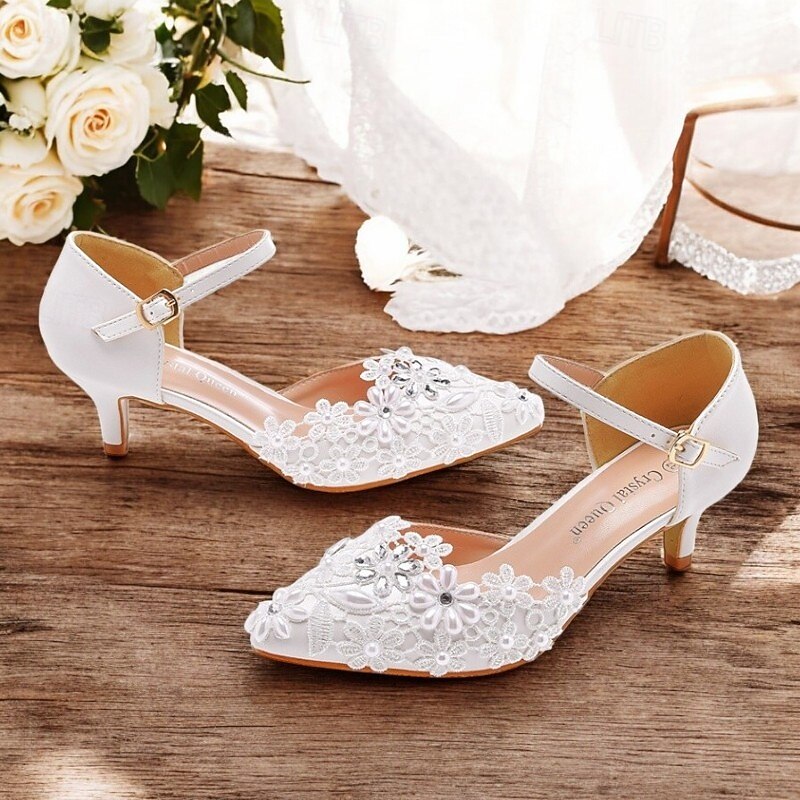 Women's White Lace Floral Embroidered Kitten Heel Shoes with Ankle Strap – Elegant Bridal Wedding Shoes3