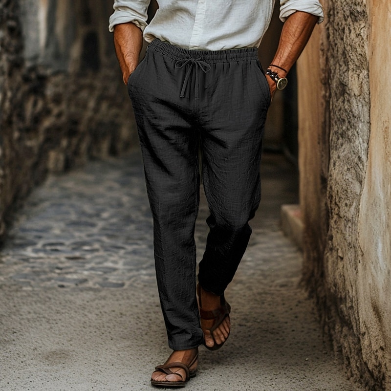 Men's Linen Pants Trousers Pocket Drawstring Plain Comfort Breathable Daily Streetwear Vintage Stylish Light Khaki Black Micro-elastic