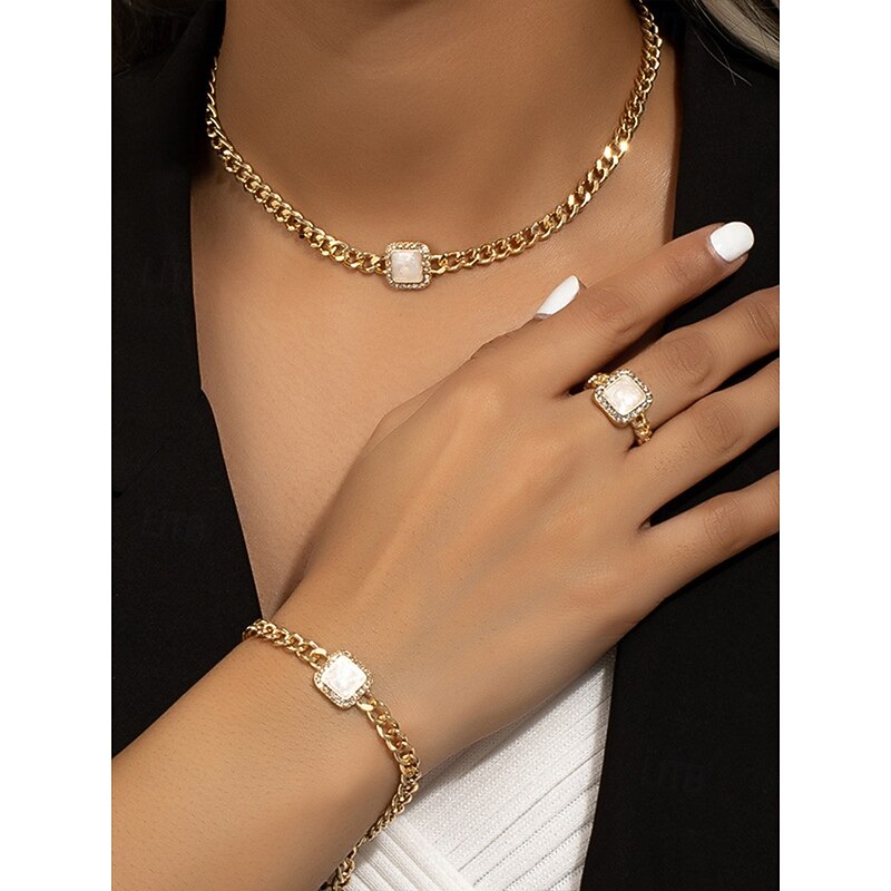 Women's Gold Chain Jewelry Set with Red Square Gemstone – Necklace, Bracelet, and Ring for Weddings, Parties, and Elegant Occasions2