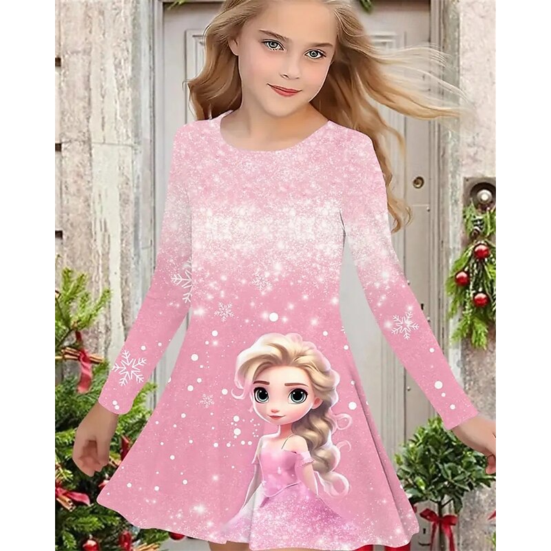 Girls' 3D Graphic Cartoon Snowflake Dress Long Sleeve Summer Spring Vacation Daily Holiday Princess Beautiful Sweet Kids 4-12 Years Casual Dress A Line Dress Knee-length Regular Fit2