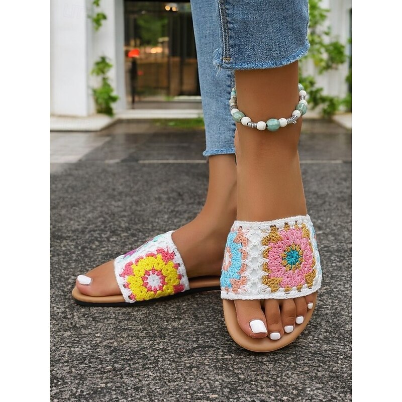 Women's Handwoven Crochet Slide Sandals with Colorful Floral Patterns, Boho Summer Flats for Beach, Vacation, and Casual Wear