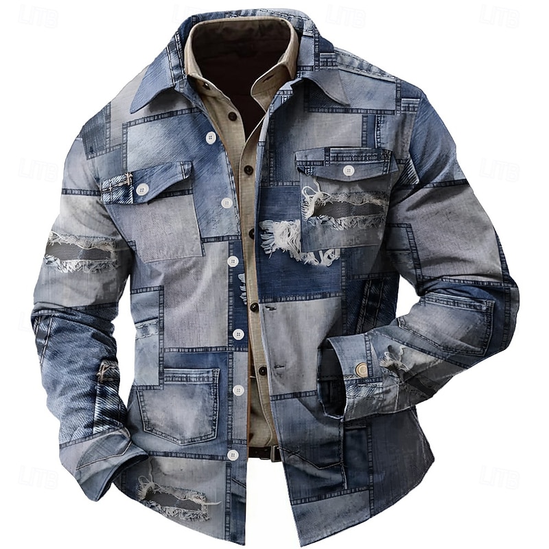 Men's Geometric Patchwork Casual Shirt Button Up Shirt Long Sleeve Abstract Fashion Casual Causal Casual Fall Winter Turndown 2 Pockets Dark Blue