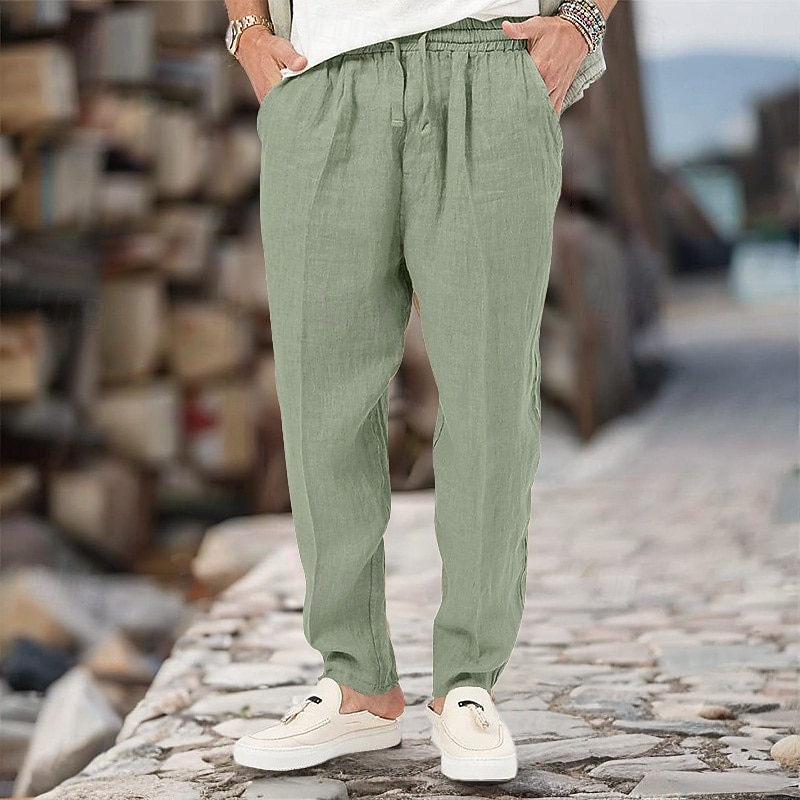 Men's Linen Pants Trousers Summer Pants Drawstring Elastic Waist Straight Leg Plain Comfort Breathable Full Length Casual Daily Holiday Classic Style Retro Vintage Black White