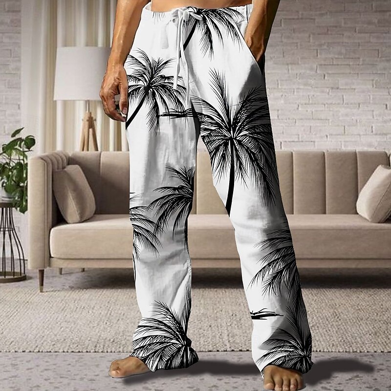 Men's Coconut Tree Hawaiian Pants Trousers Casual Pants Mid Waist Drawstring Elastic Waist Vintage Retro Outdoor Vacation Holiday Straight Leg Trousers Summer Spring 3D Print Black White2