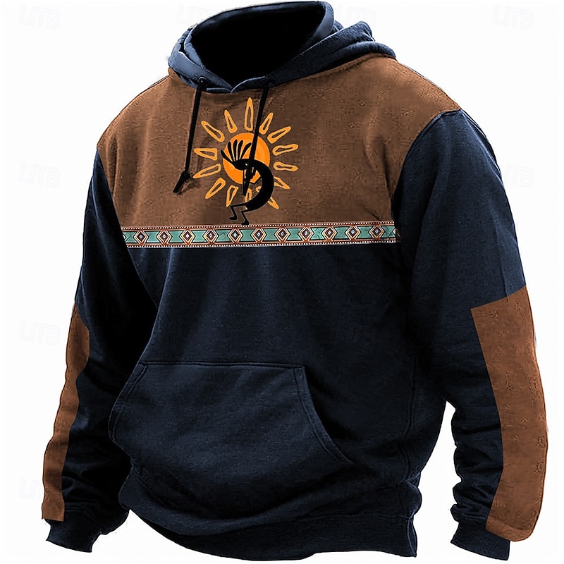 Men's Kokopelli Hoodies Sweatshirt Ethnic Cowboy Long Sleeve Crew Neck Holiday Streetwear Blue Brown Drawstring Fall Winter Designer