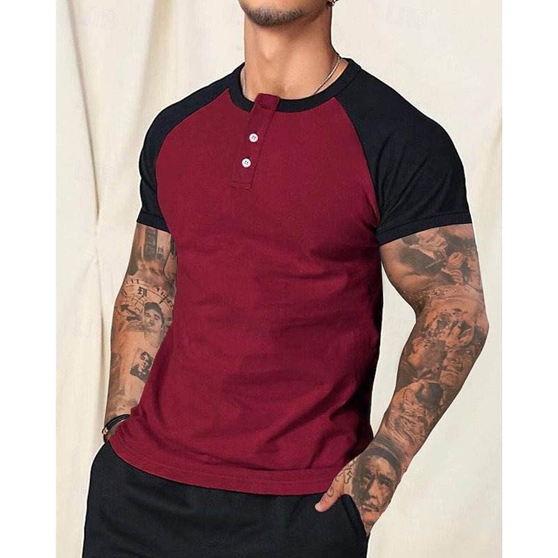 Men's Button T Shirt T Shirt Henley Shirt Tee Short Sleeve Henley Spring & Summer Color Block Fashion Designer Basic Patchwork Buttons Vacation Street Going out White Red Navy Blue Top Tee for Men2