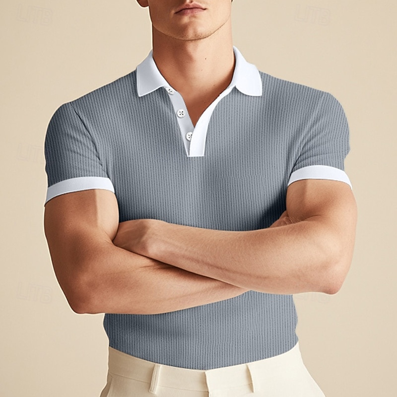 Men's Golf Shirt Knit Polo Business Casual Classic Short Sleeve Fashion Solid Color Buttons Knitted Summer Spring Regular Fit White Wine khaki Light Blue Gray Golf Shirt4
