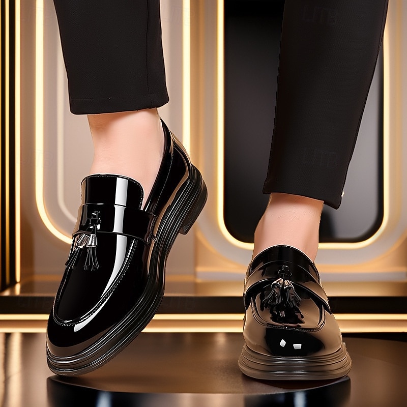 Men's Black Patent Leather Tassel Loafers – Elegant Slip-On Dress Shoes for Formal Events, Weddings, and Business Wear4