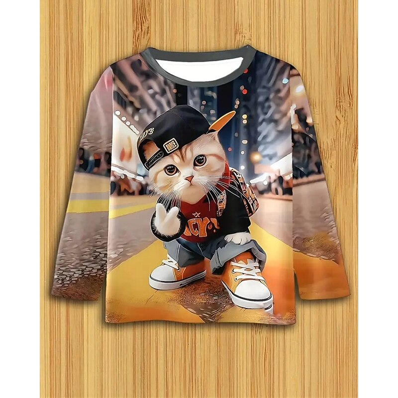 Boys' 3D Graphic Cat T shirt Tee Long Sleeve Spring Fall Fashion Basic Kids 4-12 Years Crew Neck Outdoor Casual Daily Regular Fit2