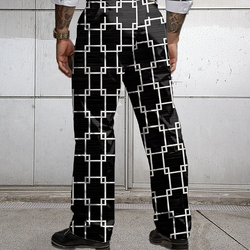 Men's Plaid Geometric Pattern Trousers Dress Pants Mid Waist Business Casual Wedding Holiday Dads Day Gifts Flat-Front Straight Leg Trousers Summer Spring Fall 3D Print Black2