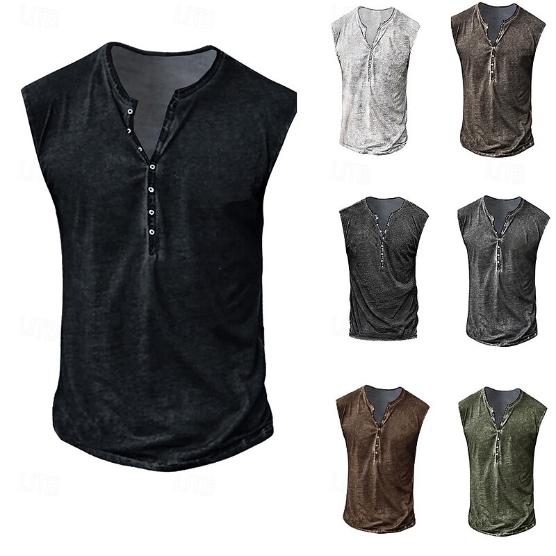 Men's Tank Top Henley Shirt Sleeveless Henley Summer Print Vintage Buttons Vacation Casual Black White Yellow Top Tee for Men