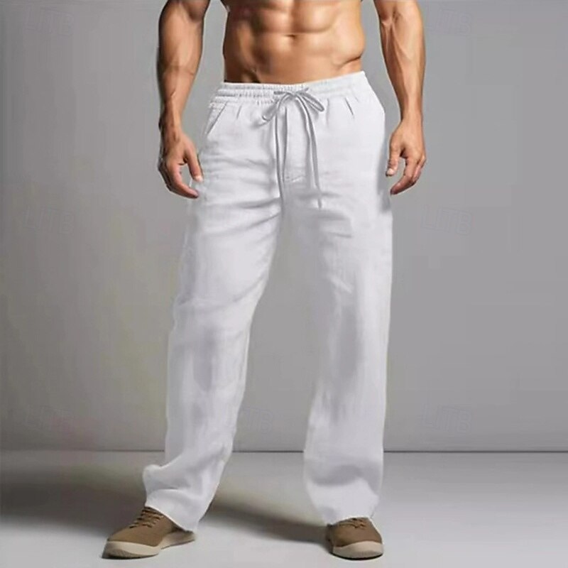 Men's Linen Pants Trousers Summer Pants Beach Pants Elastic Waist Drawstring Straight Leg Plain Comfort Breathable Full Length Casual Daily Holiday Fashion Classic Style Black White3
