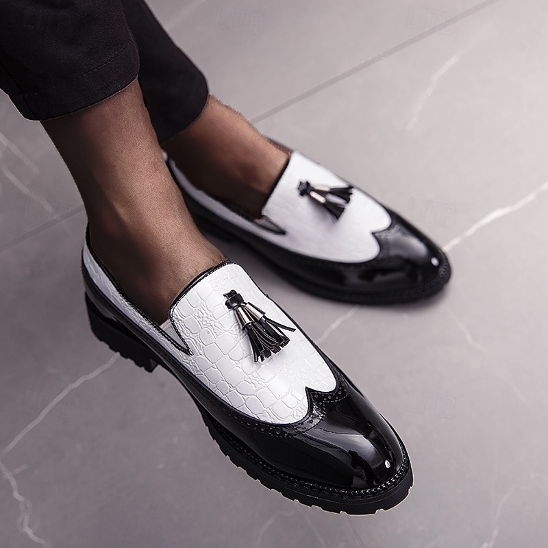 Men's Black and White Patent Faux Leather Loafers – Crocodile Embossed Tassel Dress Shoes with Chunky Sole for Gatsby Party, Wedding, Prom, Refined Nightlife2