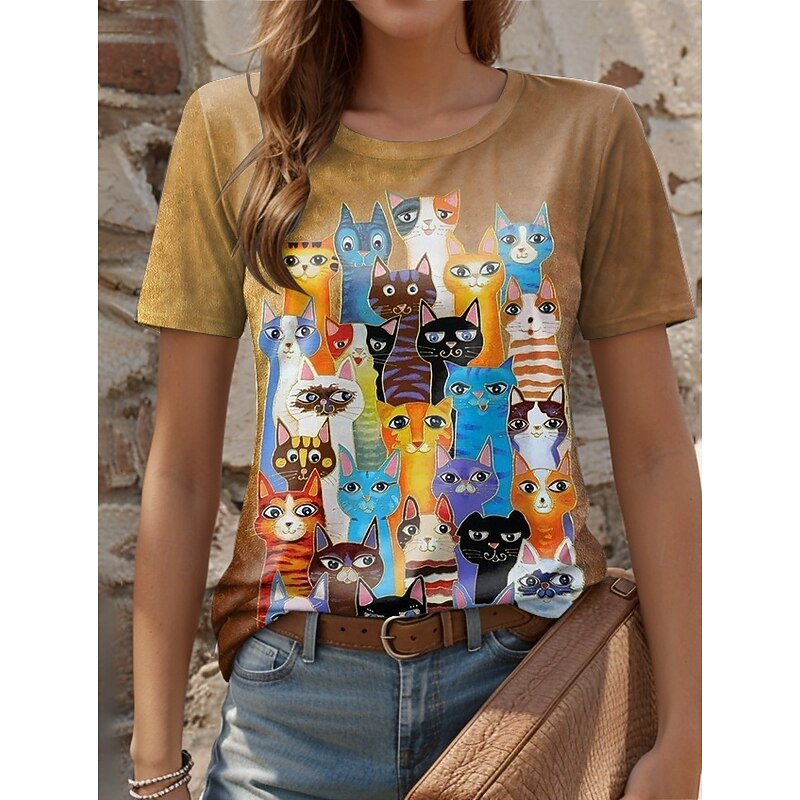 Women's T Shirt Animal Casual Short Sleeve Round Neck Regular Tops Daily Print Brown Summer3