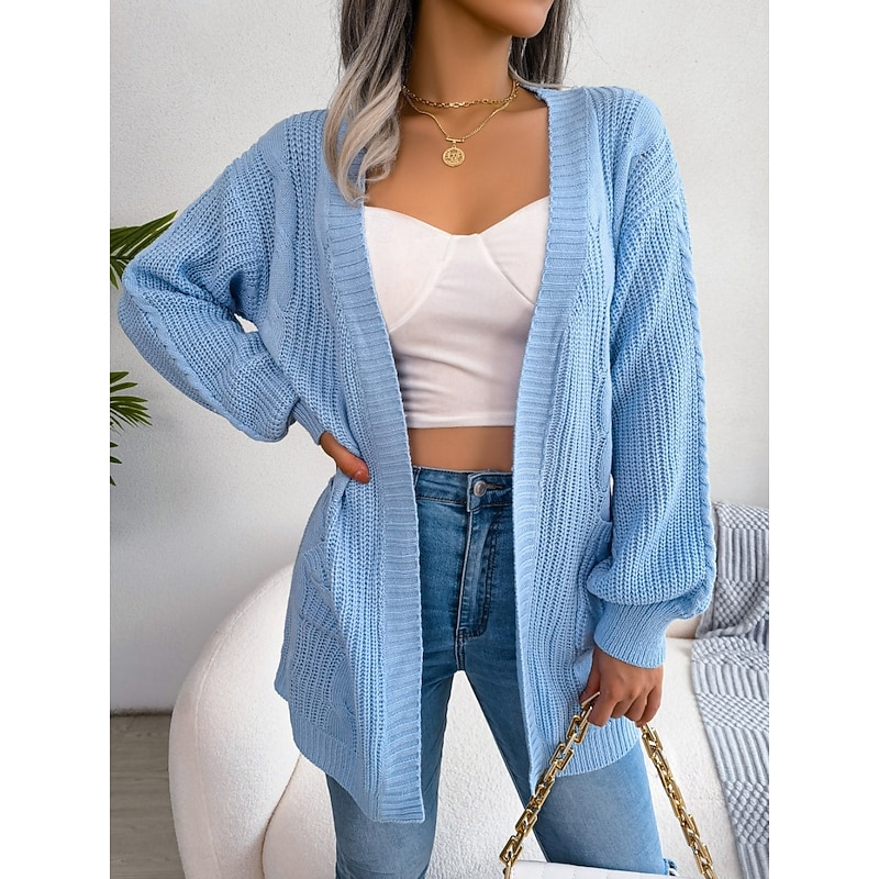 Women's Sweater Cardigan Casual Soft Pure Color Cable Open Front Pocket Knitted Long Sleeve Long Tops Knit Outdoor Daily Weekend Blue Apricot Fall Winter