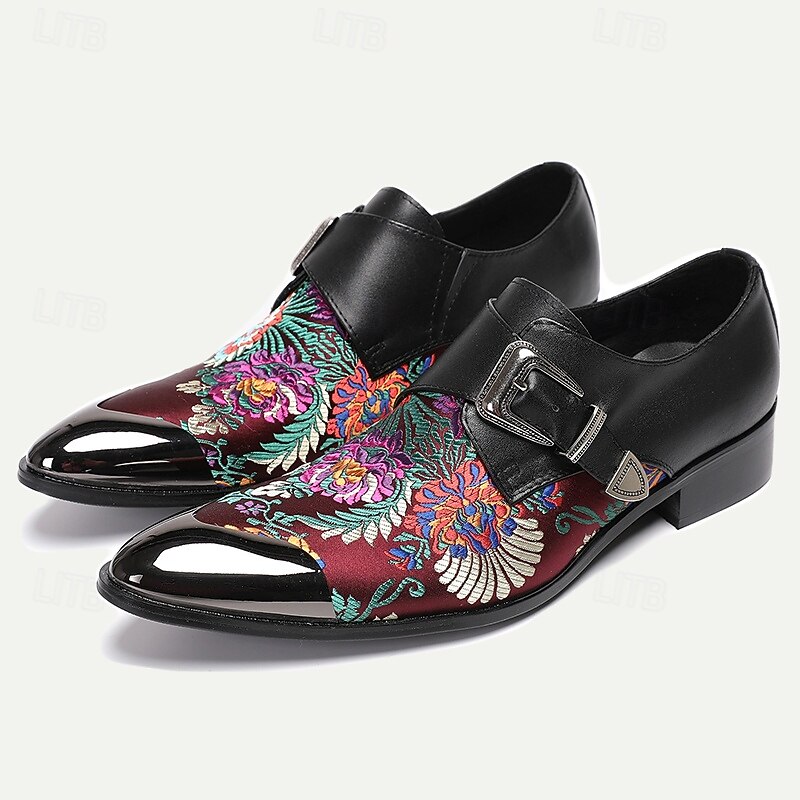 Men's Premium Cowhide Leather & Jacquard Fabric Floral Embroidered Monk Shoes with Metal Toe Cap, Stylish Formal Footwear with Buckle Detail, Perfect for Business, Parties, and Special Occasions3