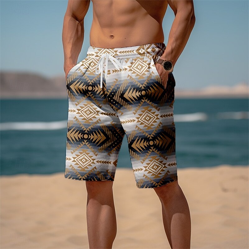 Men's Aztec Geometric Pattern Ethnic Shorts Summer Shorts Beach Shorts Mid Waist Vintage Streetwear Hawaiian Casual Daily Holiday Drawstring Pocket Elastic Waist Designer Clothing Apparel