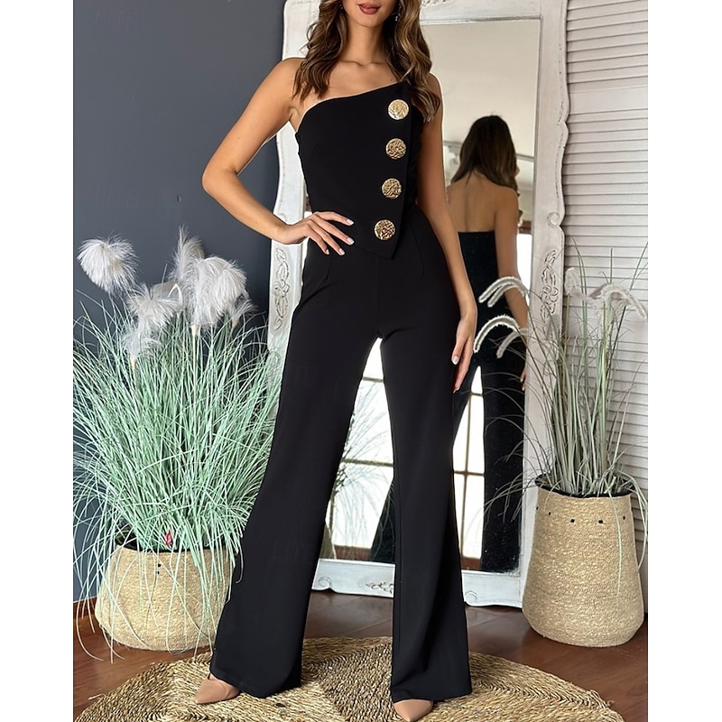Women's Normal Jumpsuit Elegant Solid Color Sleeveless Wide Leg Strapless Buttons Daily Regular Fit Black White Red Summer3