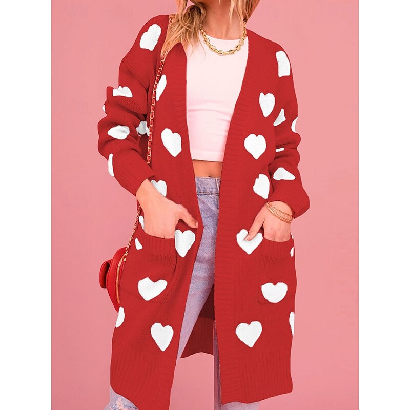 Women's Sweater Cardigan Elegant Fashion Streetwear Heart Open Front Pocket Knitted Long Sleeve Regular Tops Knit Outdoor Daily Weekend Black Pink Fall Winter3