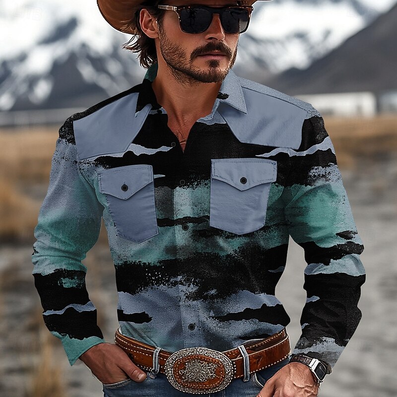 Men's Color Block Marble Western Shirt Cowboy Shirt Long Sleeve Western Casual Causal Spring Fall Turndown 2 Pockets Yellow Blue Green3
