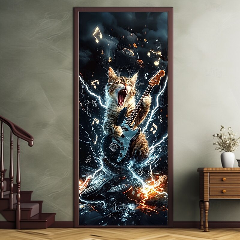 Door Decorations Door Covers Funny Rock Cat Door Tapestry Door Curtain Decoration Backdrop Indoor/Outdoor Door Banner for Front Door Farmhouse