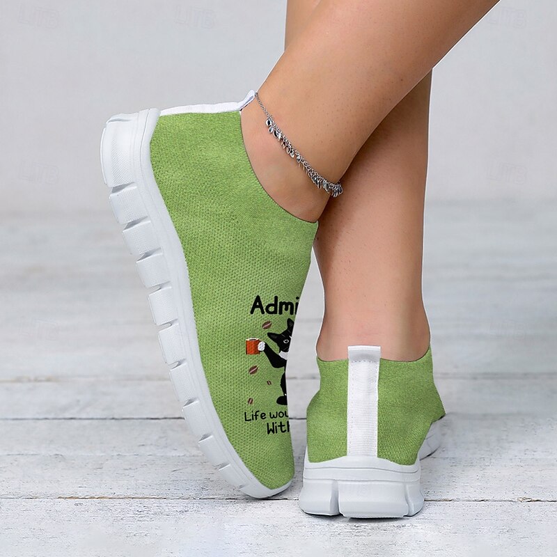 Women's Green Slip-On Sneakers with Funny Cat Printed, Perfect for Everyday Wear3