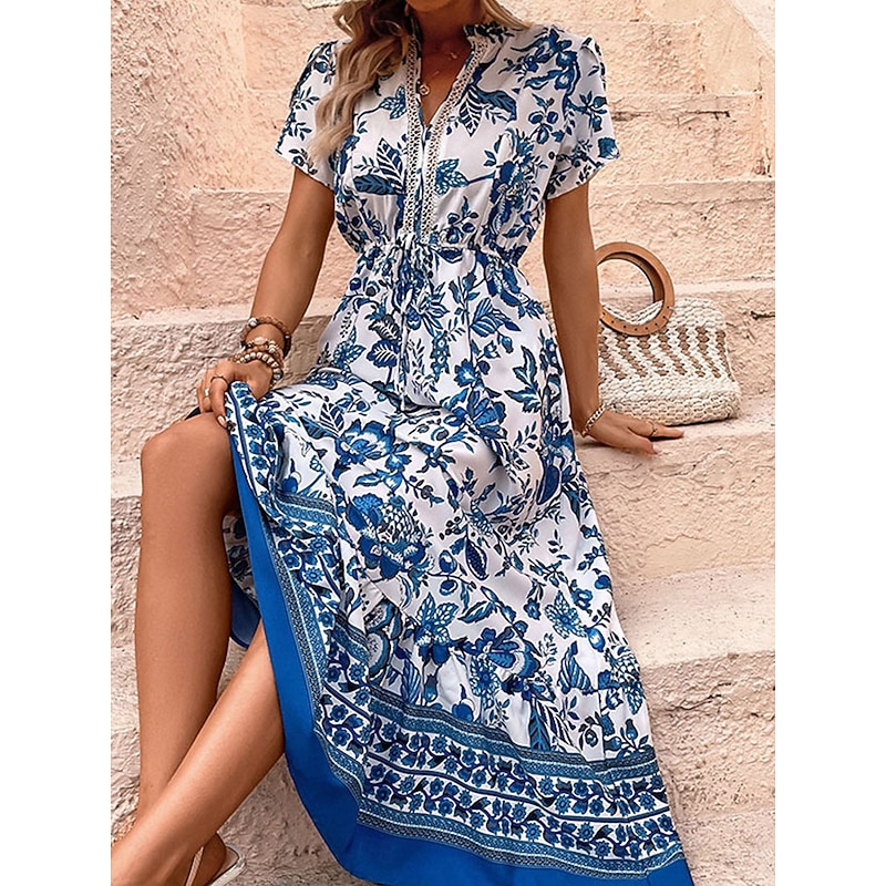 Women's Normal Maxi Dress Boho Chic Dresses Boho Dress Bohemia Vacation Beach Regular Fit Graphic Short Sleeve V Neck Blue Summer2