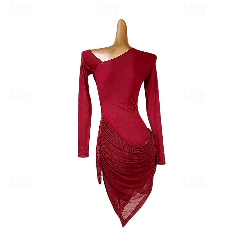 Latin Salsa Dance Dress Tassel Splicing Women's Performance Training Long Sleeve Polyester Mesh3