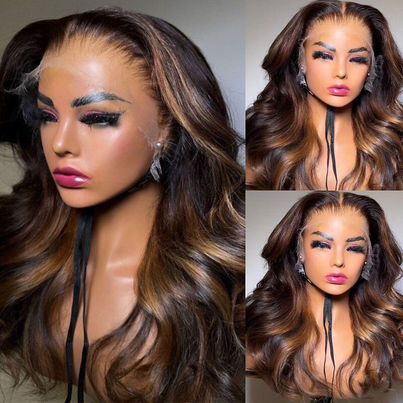 Remy Human Hair 5x5 Closure 13x4 Lace Front Wig Middle Part Brazilian Hair Wavy Auburn Multi-color Wig 130% 150% Density Highlighted / Balayage Hair Glueless Pre-Plucked For Women Long Human Hair3