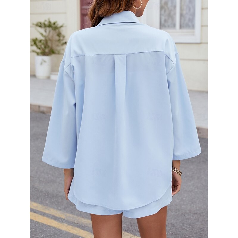 Women's Fashion Streetwear Daily Shirt Baggy Shorts Long Sleeve Shirt Collar Plain Casual Daily Black Sky Blue Green Spring &  Fall Regular Fit2